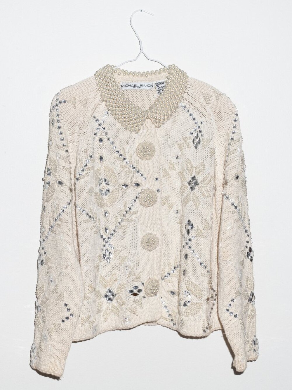 90s RARE FIND |  VINTAGE Michael Simon Embellished Cardigan Sweater Pearl Collar